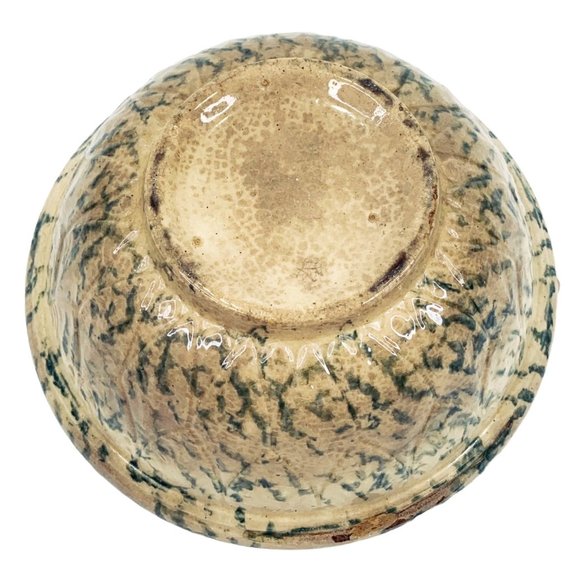 Antique Yellow Ware 8" Mixing Serving Bowl Green Spongeware Pottery Primitive - Picture 5 of 12